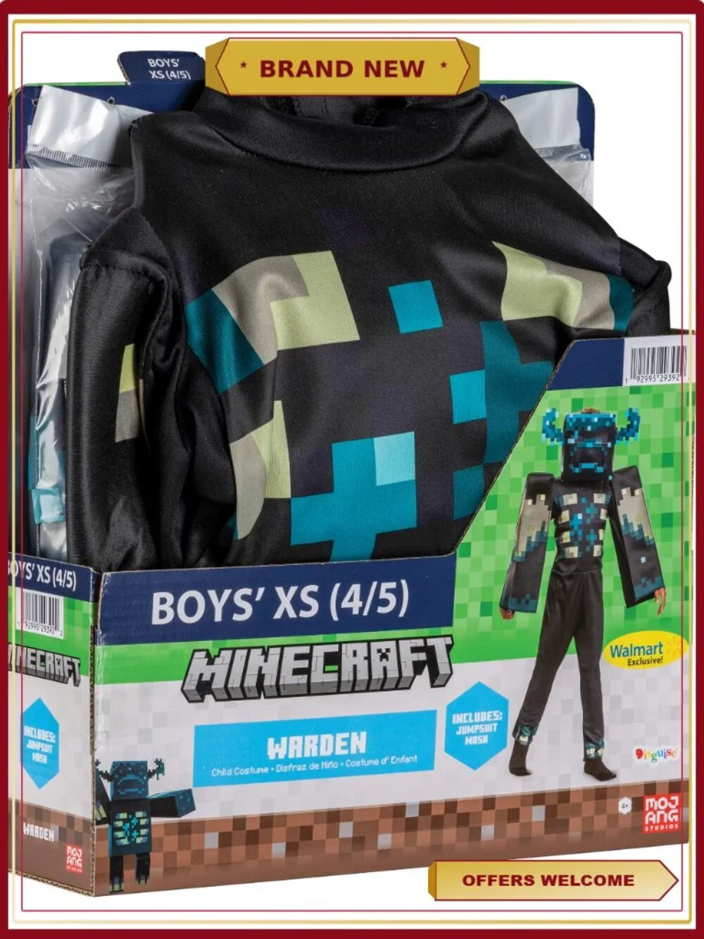 Minecraft Warden Halloween Costume Boys Size XS 4/5 Deluxe Jumpsuit Mask
